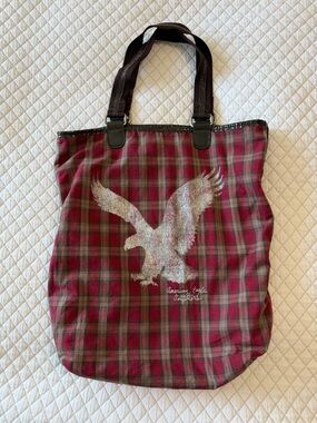 American Eagle Outfitters Red and Black Plaid Tote with Eagle Graphic